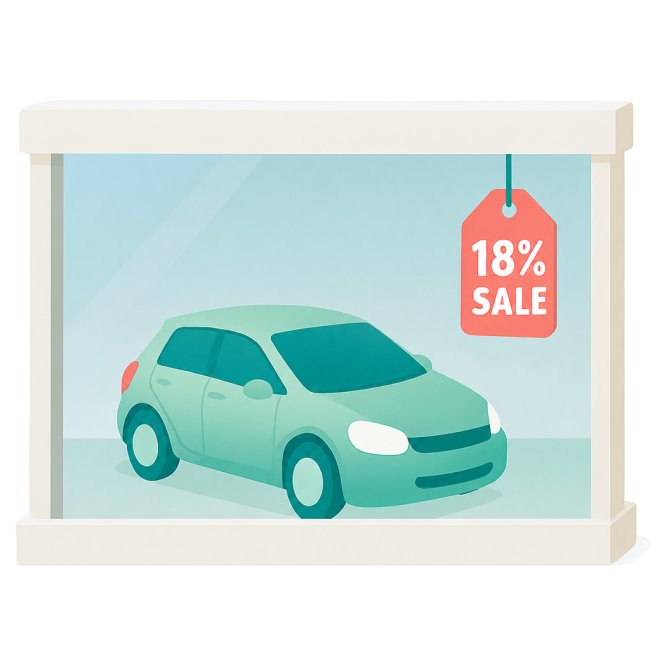 쇼룸의 자동차와 18% 할인 일러스트